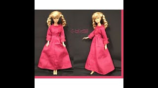 #小紅瓦屋.老芭比大桃紅色蕾絲袖口長袖洋裝#早期芭比娃娃#Barbie doll