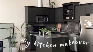 DIY MODERN BLACK KITCHEN | stone contact paper \u0026 painting cabinets