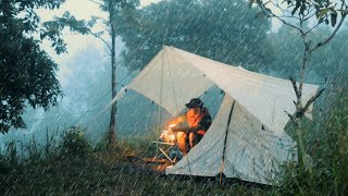 ⛈️ THUNDERSTORM & DOWNPOUR, solo camping in heavy rain, relaxing camping (ASMR)