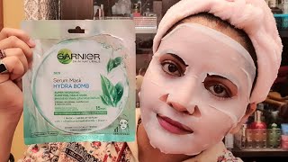 Garnier Skin Naturals Green Tea Face Serum hydra bomb sheet mask review & demo | RARA |