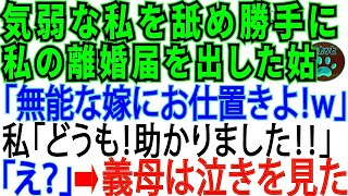 気弱な私をなめて勝手に離婚届を出した同居義母。「アホな嫁にお仕置きよw」私「手間が省けました‼じゃ、すぐ出てってください♪」「えっ 」→実はその家は【スカッとする話】【修羅場】