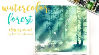 Watercolor Forest; Learn how to paint light filtering through trees in a misty forest.