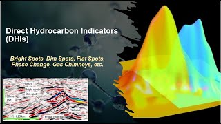 Direct Hydrocarbon Indicators: Bright spots, Dim spots, Flat spots, Phase reversal, Gas chimneys