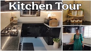 నా Kitchen Tour | Hob \u0026 Chimney Details | Cabinets \u0026 Crockery Unit ఎలా Organize చేసుకున్నాను