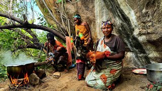 Unseen  life of Hadzabe living in the  wilderness cooking special meal for breakfast