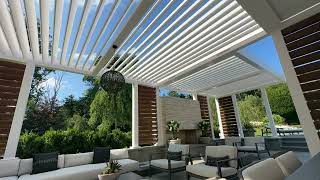 Modern Motorized Louvered Roof Pergola with Privacy Walls, Outdoor Living Space, and Pendant Lights