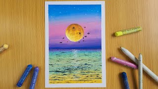 Easy Sunset Landscape Drawing | Oil Pastel Drawing for Beginners | Ocean Seascape Painting