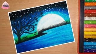Beautiful Moonlight scenery drawing with Oil Pastels - step by step (very easy)