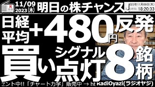 【投資情報】明日の株チャンス！23年11月９日(木)。テーマ：日経平均＋380円と反発。買いシグナル点灯８銘柄。注目銘柄：3405クラレ、1803清水建設、4205日本ゼオン、7581サイゼリヤ、ほか