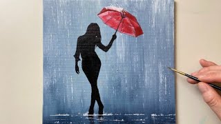 Walking In Rain / Acrylic Painting For Beginners / Red Umbrella # 77