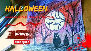 Hounted Forest Scenery Drawing with Oil Pastels for Halloween | Halloween Drawing with Oil Pastels