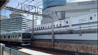 【JR東日本】有楽町駅3・4番線ホームから見る東海道新幹線N700系A編成と最新型N700系S（スプリーム）編成＆東海道線E231系1000番台の通過シーン