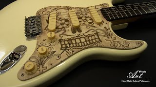 Stratocaster Pickguard SSS 11 Holes Cream Sugar Skull Engraved Handmade Unique Strat Scratch Plate