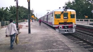 Conventional pink colored EMU local trains rapidly accelerating with humming sound