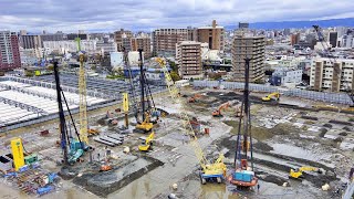 【大阪公立大学 / 森之宮キャンパス】2023年3月18日（土）雨上がりで排水作業を行う現場！ショベルカー、クローラクレーンも動く 【杭工事】