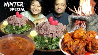 Outdoor Cooking & Eating | Nepali Authentic Food Mukbang | Eating Dhido, Gundruk & Chicken Curry