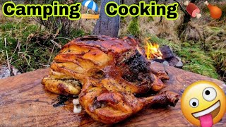 Whole CHICKEN cooked outdoors 🔥🍗(ASMR cooking, Relaxing Sounds, Camping, 4K)