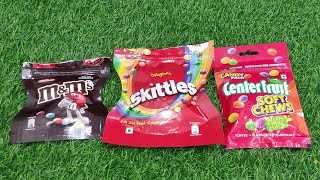 m&m vs skittles vs Center fruit soft chewing gum, lot's of candies, satisfying video