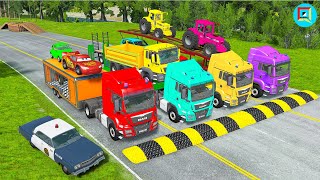 Quadruple Trucks Transporting cars with Flatbed Trailers | Cars vs Speedbump vs Train vs Pothole #11