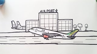 Drawing Airport for beginners| How to draw Airport step by step| Airplane landing
