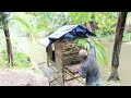 build a shelter on the river bank camping heavy rain and thick fog