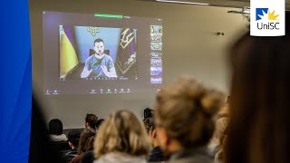 Ukraine President Volodymyr Zelenskyy addresses UniSC students