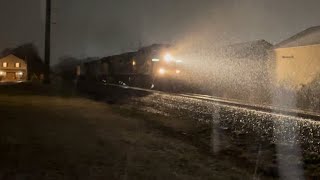 CSX Freight Train On A Snowy Night In Pennsylvania. 4 Engines / 58 Rail Cars.