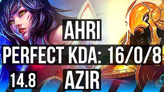 AHRI vs AZIR (MID) | 16/0/8, 72% winrate, 9 solo kills, Legendary, 41k DMG | EUW