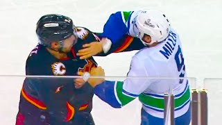 JT Miller Kevin Bahl Fight | Vancouver Canucks vs Calgary Flames 2024 NHL Highlights