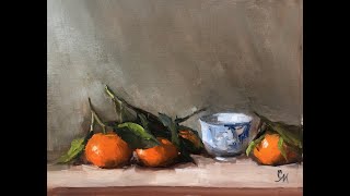 Tangerines and a cup still life. Alla prima. Full length process. Painting from life.