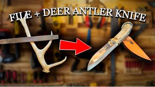 Homemade hunting knife made from old file and deer antler + custom laser engraved leather sheath