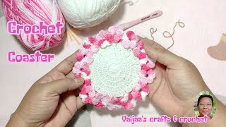 How to crochet coaster as a flower border | step by step | ถักโครเชต์จานรองแก้วลายริมถักเป็นดอกไม้