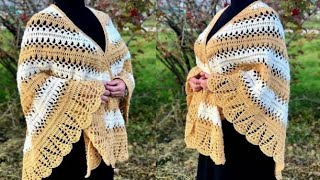 شال كروشيه انيق بغرزة مميزة بإيطار روعة crochet shawl