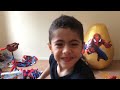 super giant golden surprise egg spiderman toys opening 3 kinder eggs unboxing