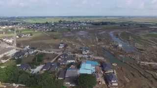 災害 ドローン 鬼怒川の堤防決壊場所を空撮 茨城県常総市