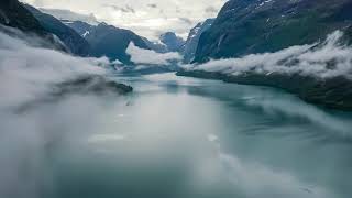 videoblocks beautiful nature norway natural landscape lovatnet lake flying over the clouds b5ry 7ah