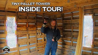 TINY HOUSE Pallet Tower - INSIDE TOUR of Unique Repurposed Home