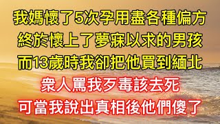 我媽懷了5次孕用盡各種偏方，終於懷上了夢寐以求的男孩，而13歲時我卻把他買到緬北，衆人罵我歹毒該去死，可當我說出真相後他們傻了