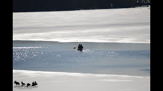 Canoeing and ice-skating in the Malingsbo-Kloten Nature Reserve in Sweden the 22nd of March 2020.