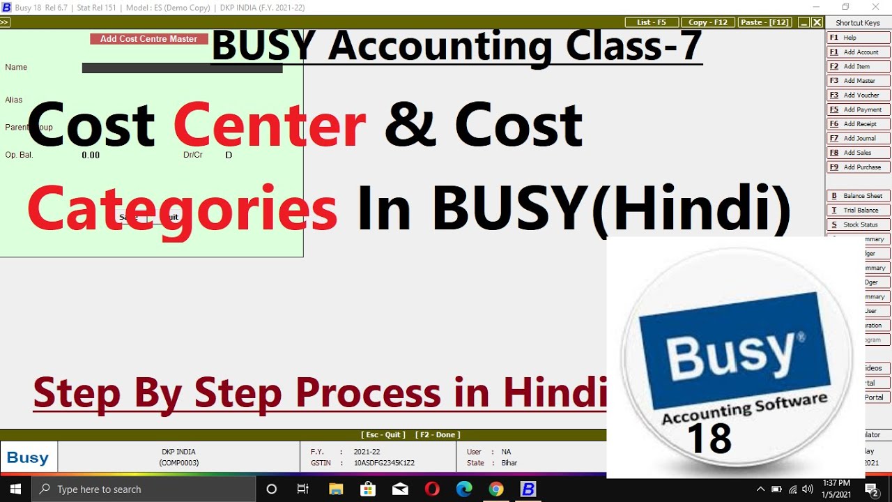 #7 Cost Center And Cost Categories In BUSY (Hindi) | Create Cost ...