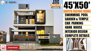 45x50 House Design | 45x50 House Plans | 4bhk | Parking | Swimming Pools | Garden | Temple | Details