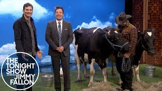 Ashton Kutcher and Jimmy Have a Cow Milking Contest