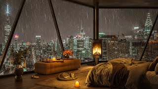 Cozy Bedroom Ambience with Warm Fireplace \u0026 Smooth Piano Jazz Music 🌧️ Rainy Night in New York City