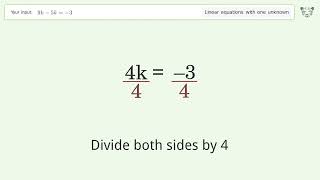 Linear equation with one unknown: Solve 9k-5k=-3 step-by-step solution