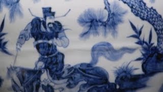 Blue-and-white prunus vase with the design of Xiao He Chasing Han Xin under Moonlight