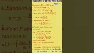 COORDINATE GEOMETRY STRAIGHT LINES FORMULAS 10TH ; 11TH CLASS. DISTANCE MIDPOINT SECTION FORMULA