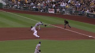 LAD@PIT: Gonzalez goes to his knees to catch liner