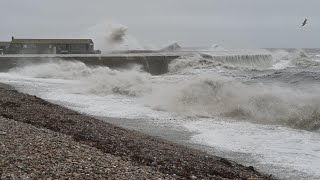 Storm Ashley Lyme Regis - Big waves crashing against the Cobb