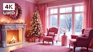 Pink Christmas Ambience in 4K | 8 Hours of Cozy Fireplace \u0026 Snowfall Sounds