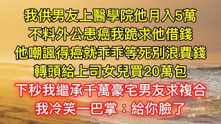 我供男友上醫學院他月入5萬，不料外公患癌我跪求他借錢，他嘲諷得癌就乖乖等死別浪費錢，轉頭給上司女兒買20萬包，下秒我繼承千萬豪宅男友求複合，我冷笑一巴掌：給你臉了